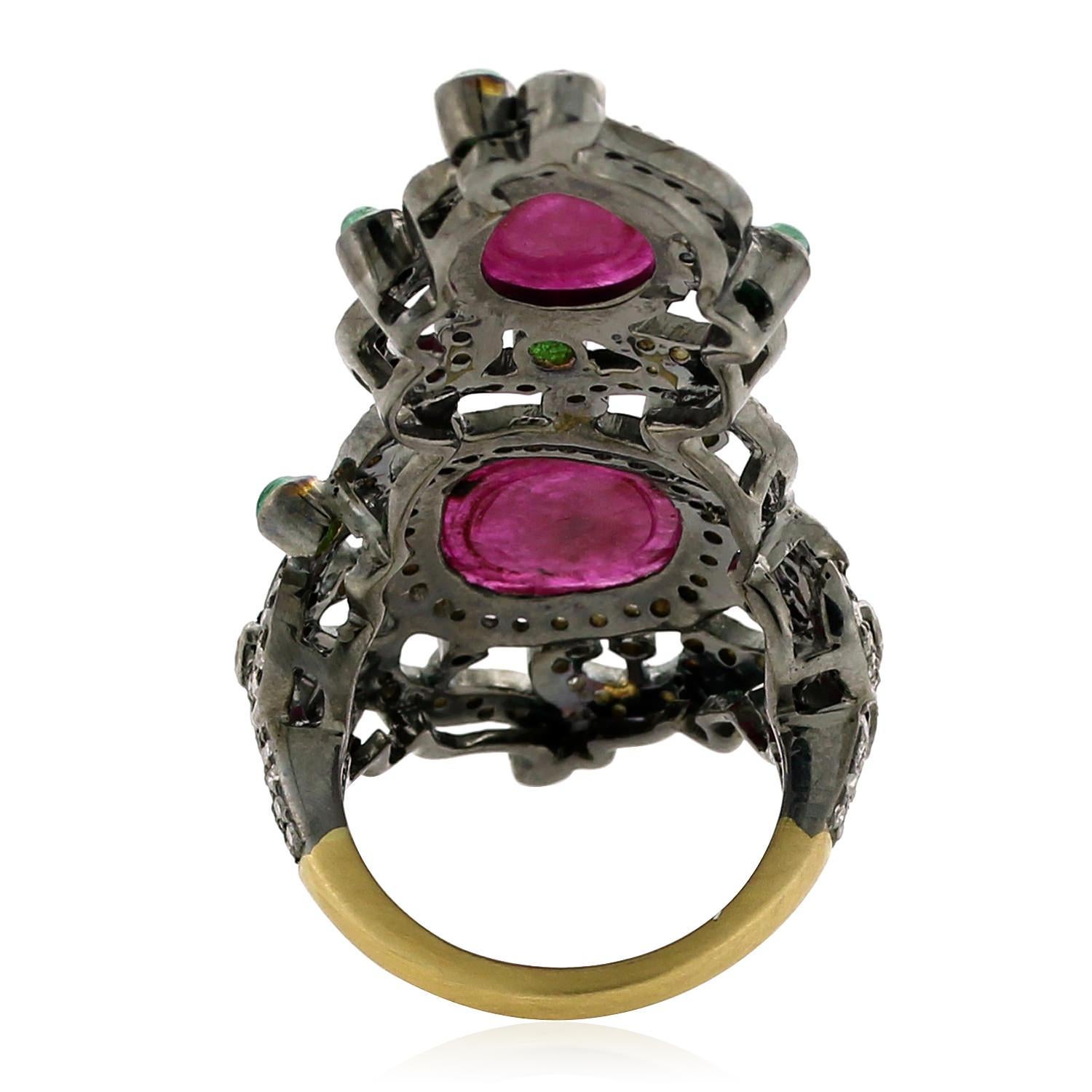 Mixed Cut Designer Hand Carved Ruby Ring with Diamonds and Emeralds in Gold and Silver For Sale