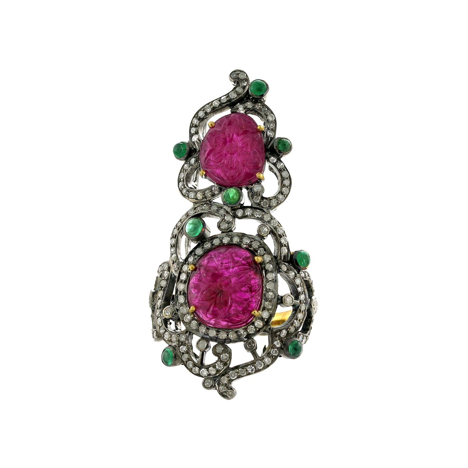 Designer Hand Carved Ruby Ring with Diamonds and Emeralds in Gold and Silver For Sale