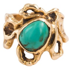 Designer Handcrafted Free-From 14 Karat Gold and Turquoise Ring, circa 1960s