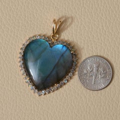 Designer Heart Charm Solid 14k Yellow Gold Labradorite Pendant Fine Jewelry