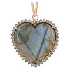 Designer Heart Charm Solid 14k Yellow Gold Labradorite Pendant Fine Jewelry