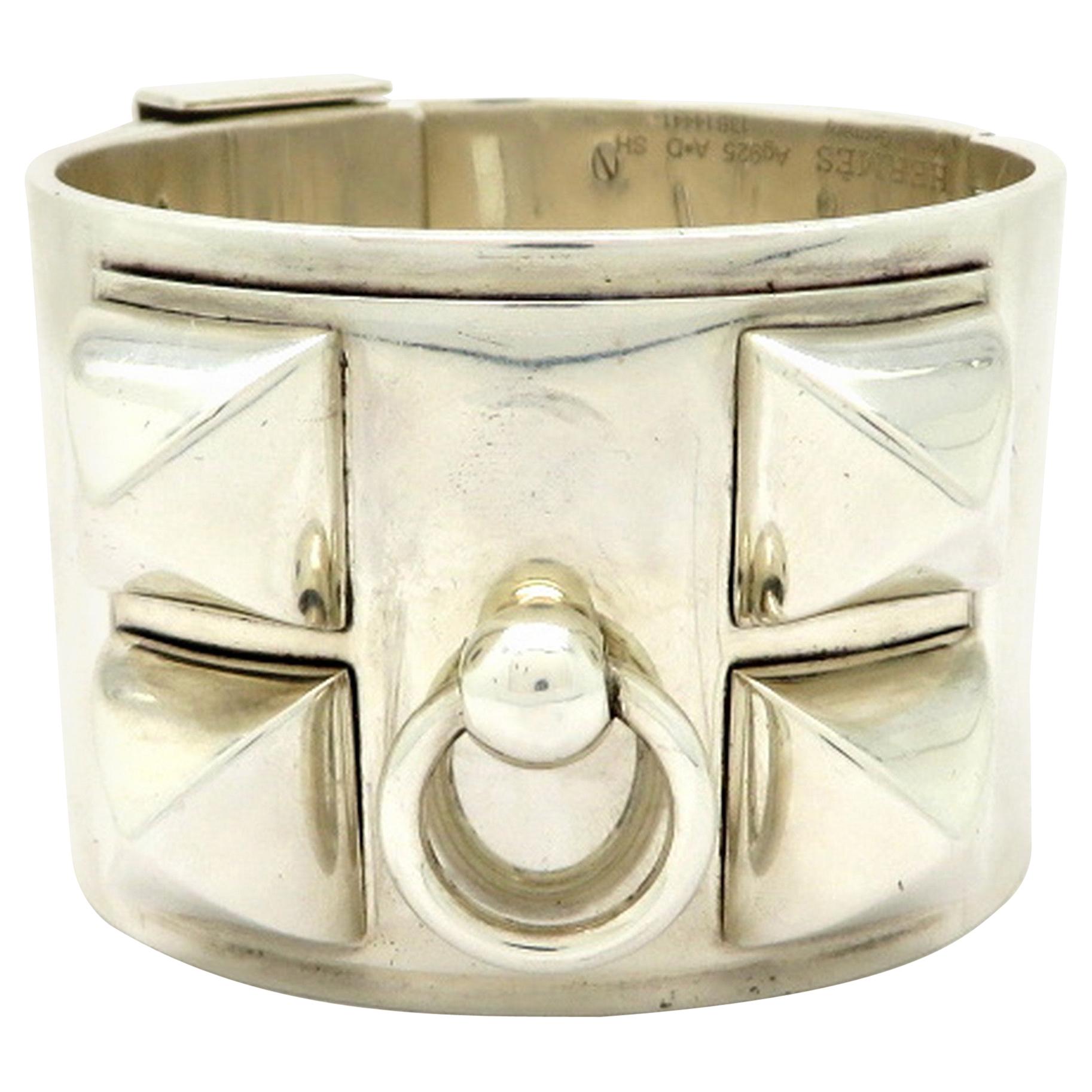 Designer Hermes Sterling Silver Collier de Chien Cuff Bangle Bracelet For  Sale at 1stDibs | designer cuff bracelet, hermes silver cuff bracelet