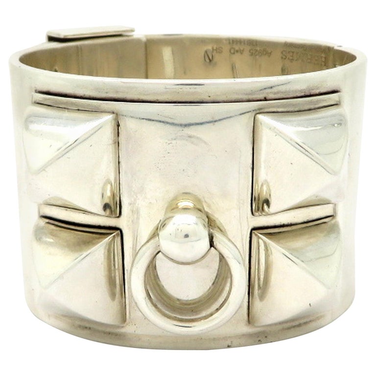 Designer Hermes Sterling Silver Collier de Chien Cuff Bangle Bracelet