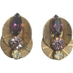 Hobe` Art Deco Double Fan Three Stone Clip - On Earrings Circa. The 1950's