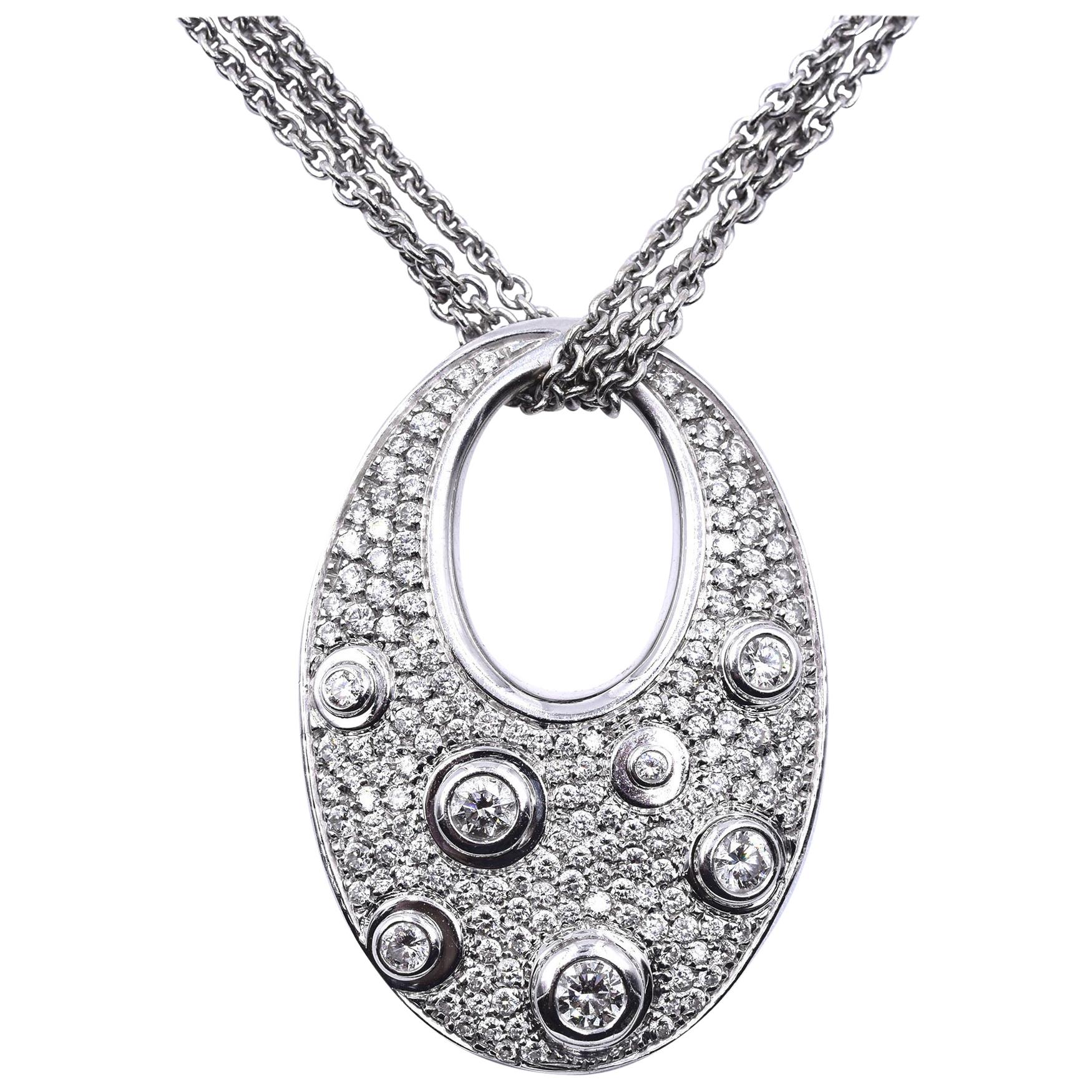 Hulchi Belluni 18 Karat White Gold Pave Diamond Oval Drop Necklace