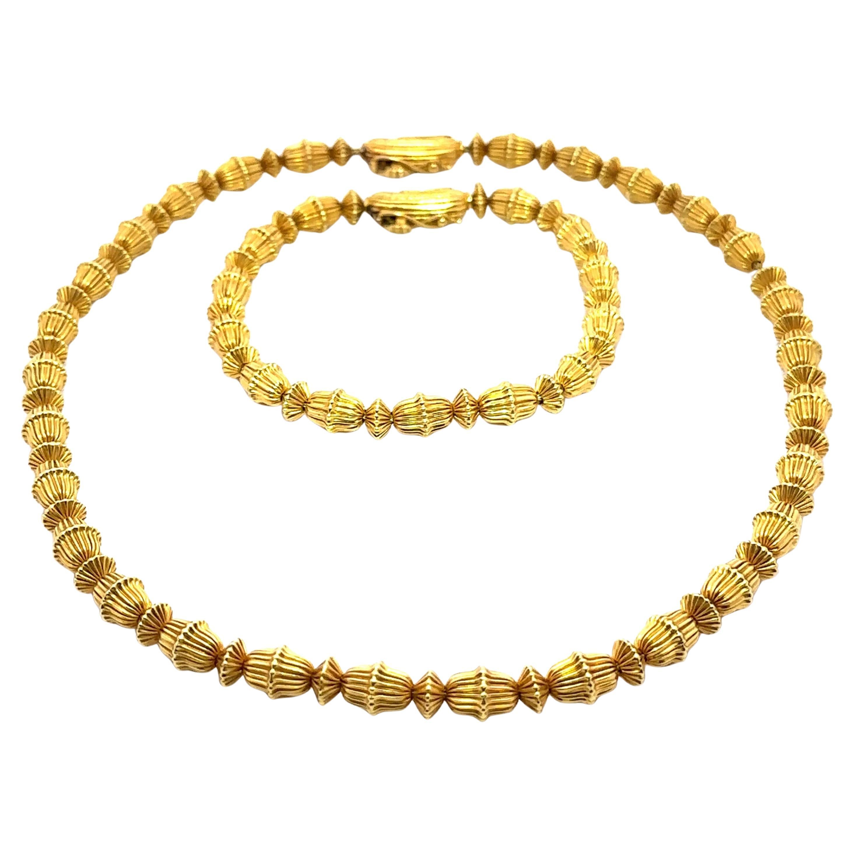 Designer Ilias Lalaounis Solid 18k Yellow Gold Bead Necklace & Bracelet Set