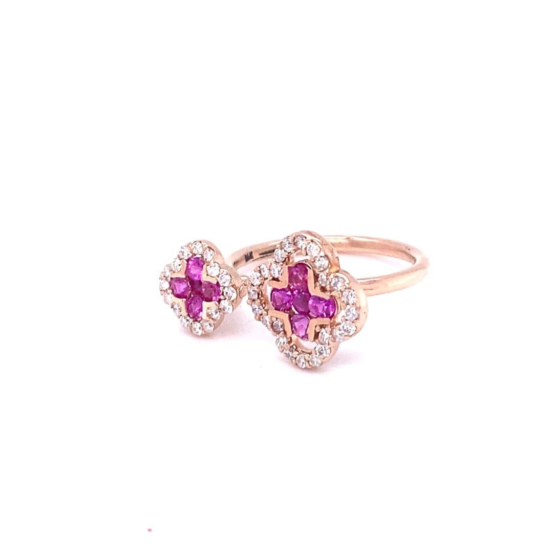 This designer inspired ring has 40 Round Cut Diamonds that weigh 0.35 Carats (Clarity: SI2, Color: F) and 10 Round Cut Pink Sapphires that weigh 0.55 Carats.  The total carat weight of the ring is 0.90 Carats.

The ring is made in 14K Rose Gold and