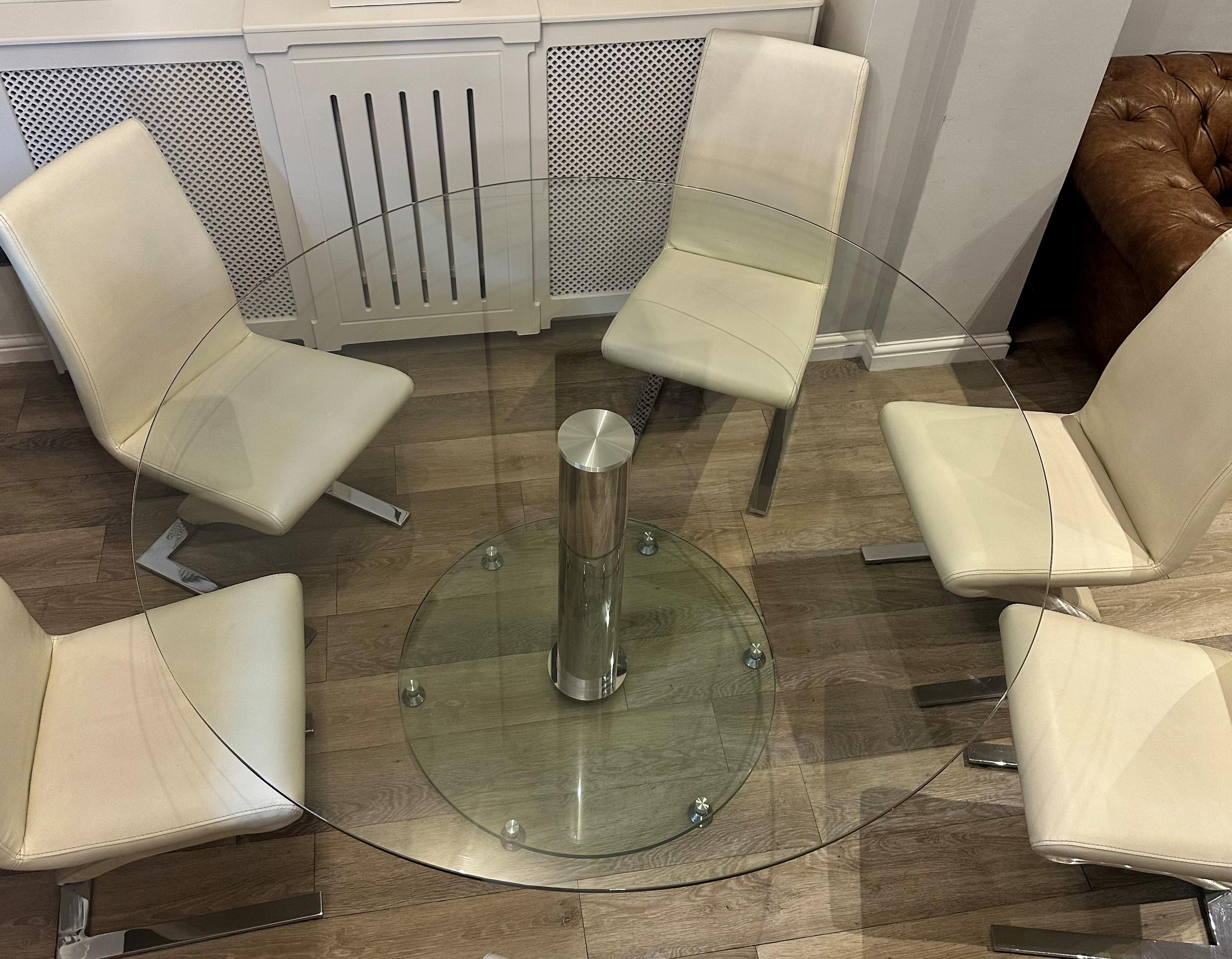 Designer-inspirierter runder Glas-Esstisch und 6 Stühle im Rolf Benz-Stil (Handgefertigt)
