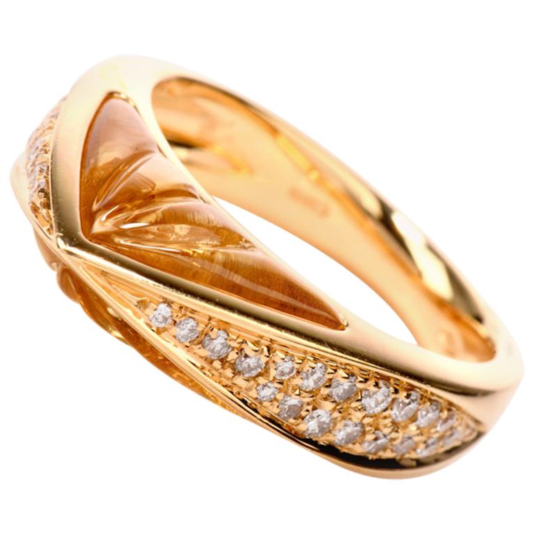 Designer IO SI Diamond Carved Quartz 18 Karat Gold Fancy Italian Ring