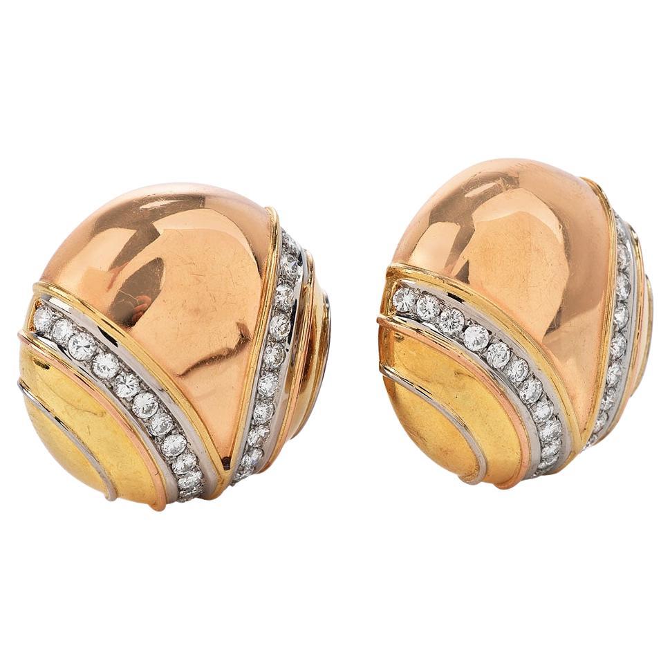 These clip-back diamond earrings By Dario are artfully rendered in high polished solid 18K Tricolor gold.  These Circular-Shape earrings are set with high-quality round diamonds set in 18k white gold weighing approx. 1.45 carats G-H color, VS