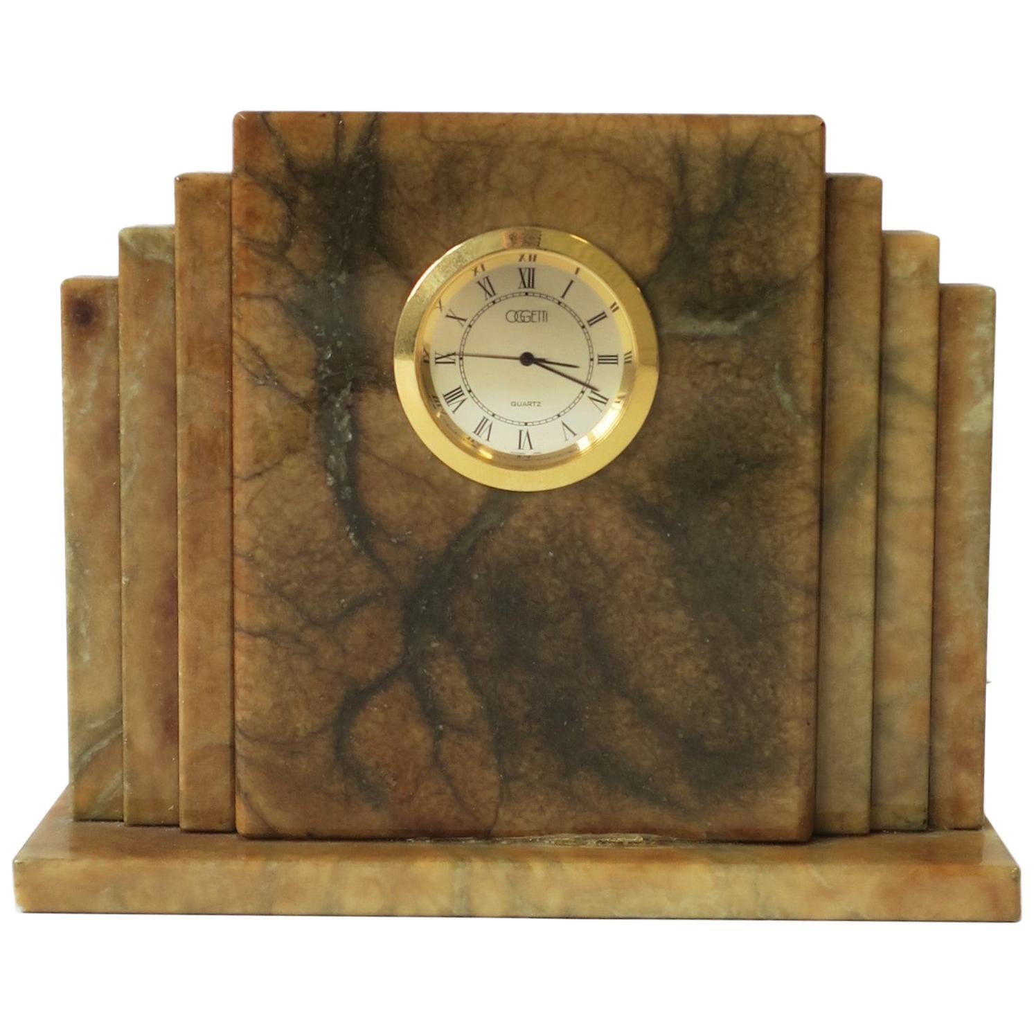 Italian Alabaster Marble Art Deco Modern Mantel Clock by Oggetti
