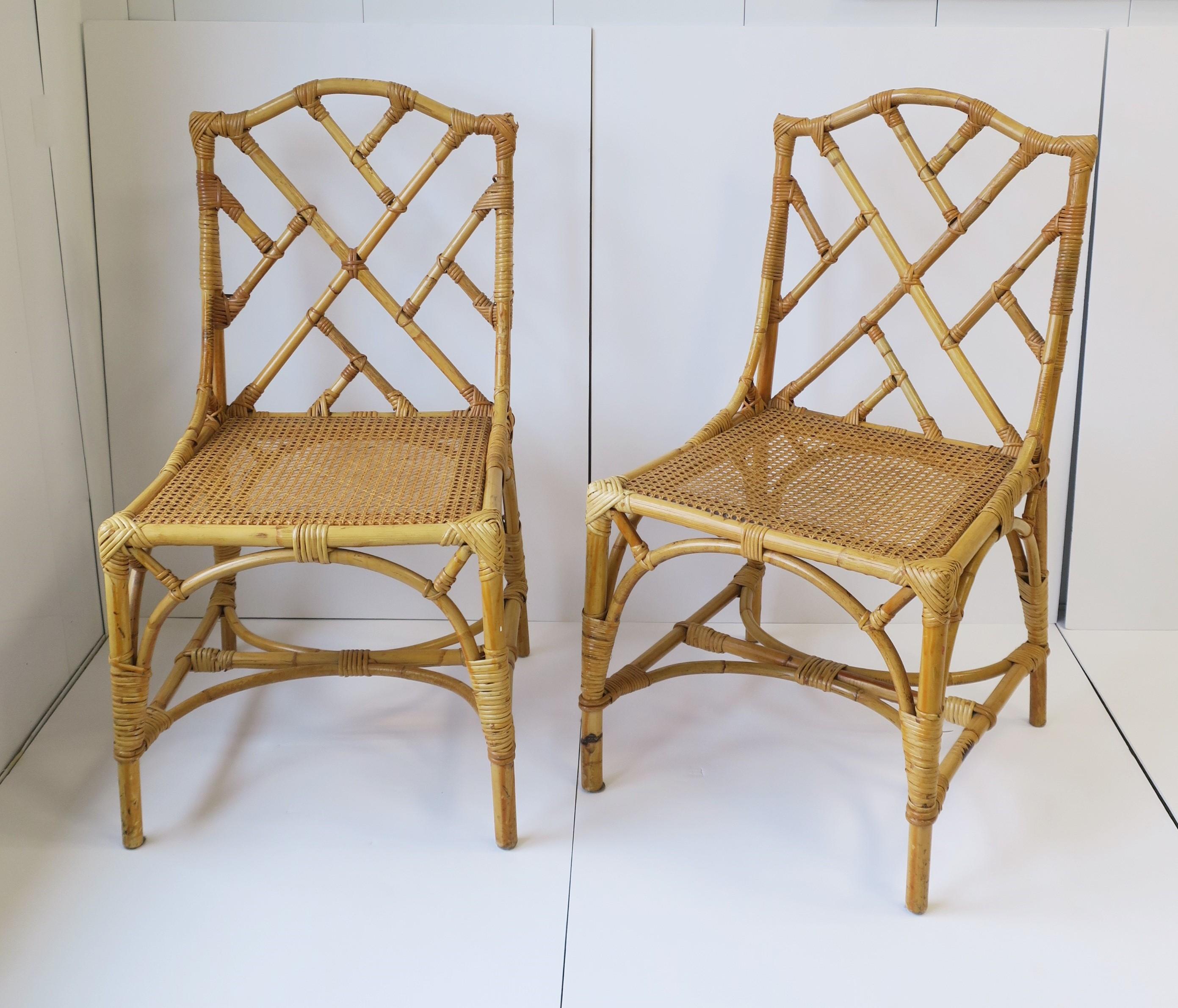 A pair of designer Italian cane and bamboo wicker rattan side chairs with stretcher base, circa 1970s, by Dal Vera, Italy.
Marked 