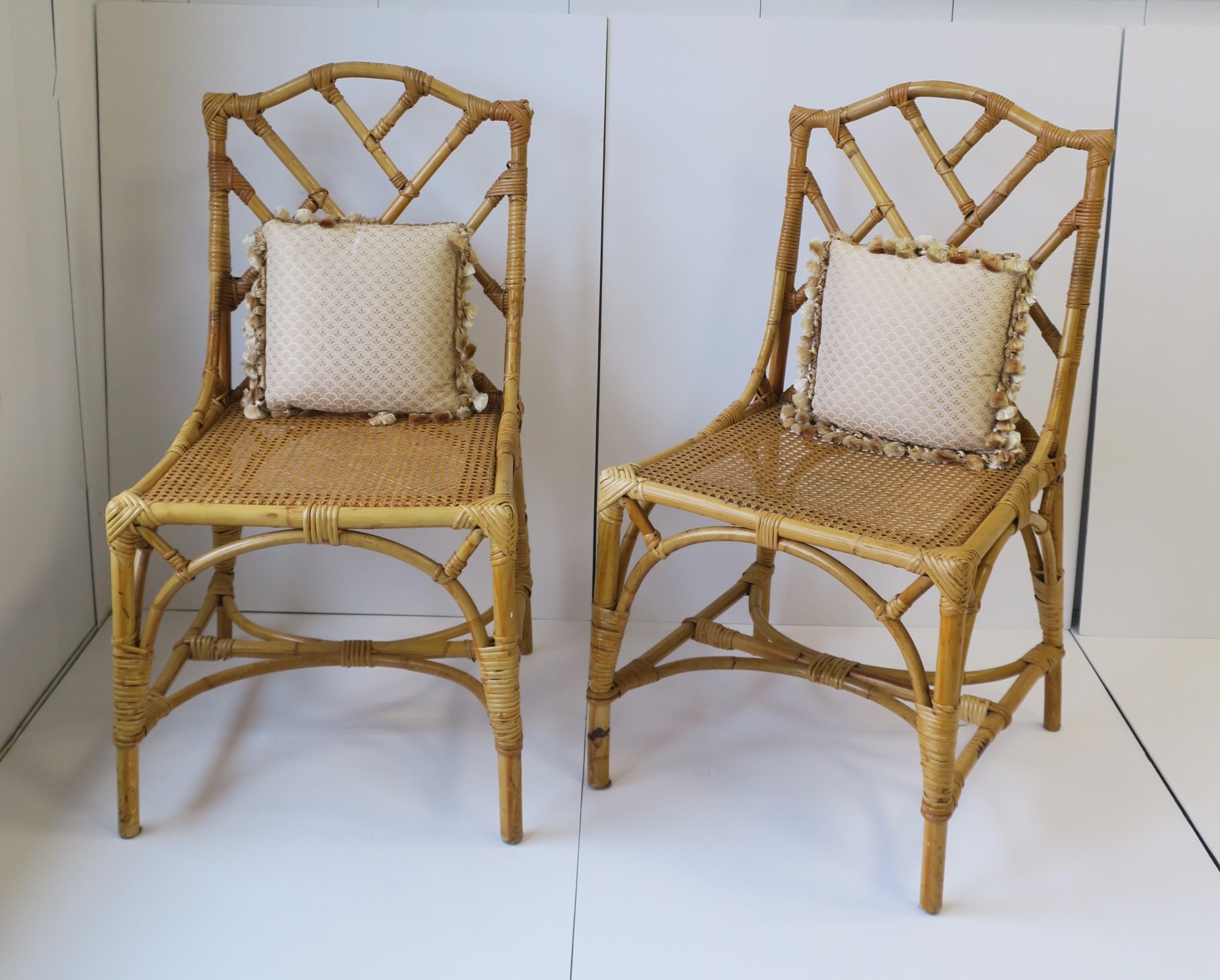 Chippendale Designer Italian Cane and Bamboo Wicker Rattan Side Chairs, Pair