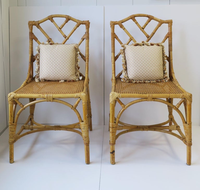 Designer Italian Cane and Bamboo Wicker Rattan Side Chairs, Pair For