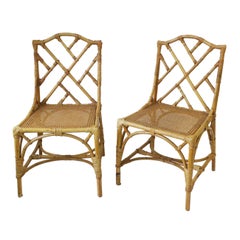 Designer Italian Cane and Bamboo Wicker Rattan Side Chairs, Pair