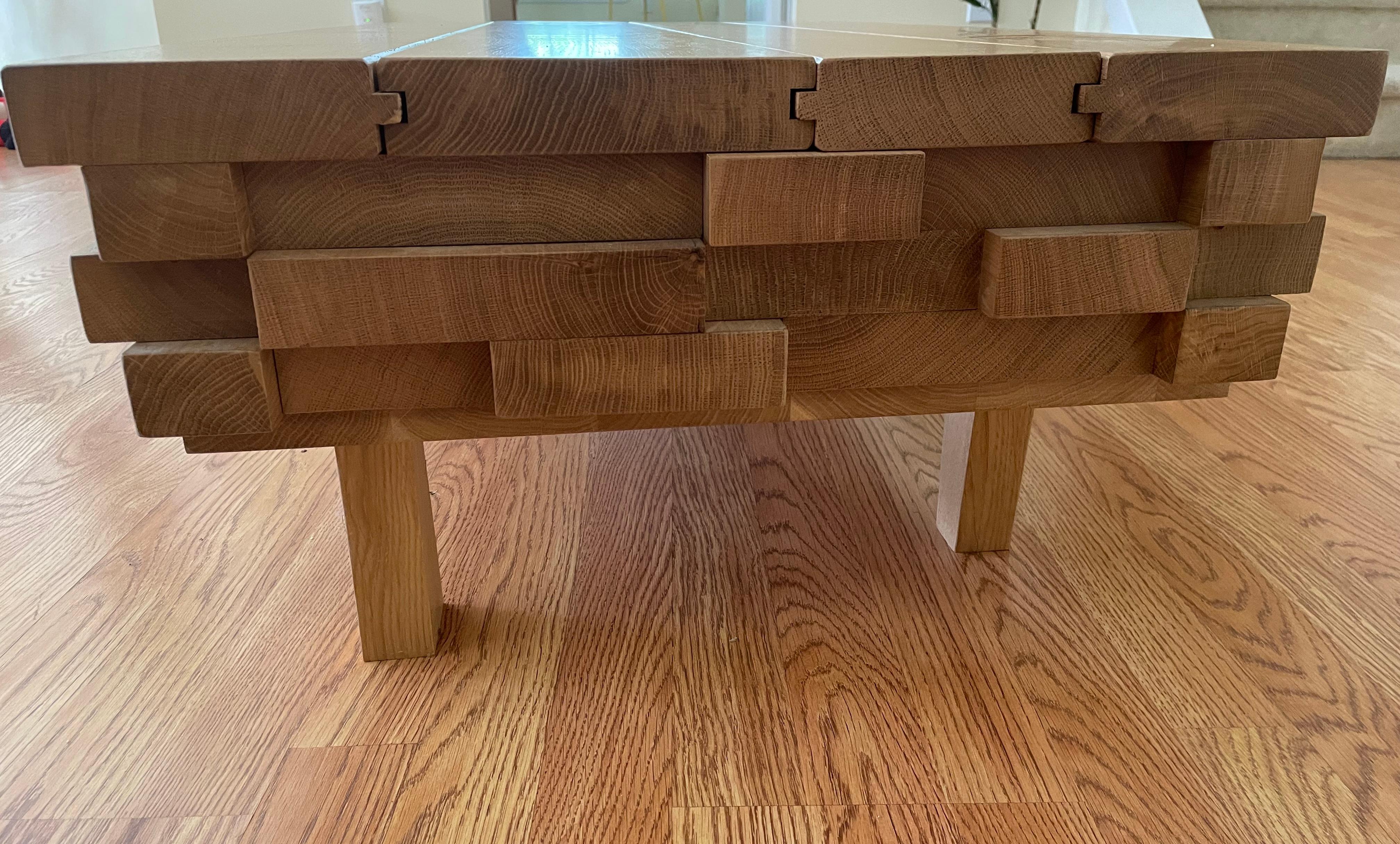 Designer Italian Solid Oak Coffee Table with Hidden Compartment and Laser Detail For Sale 6