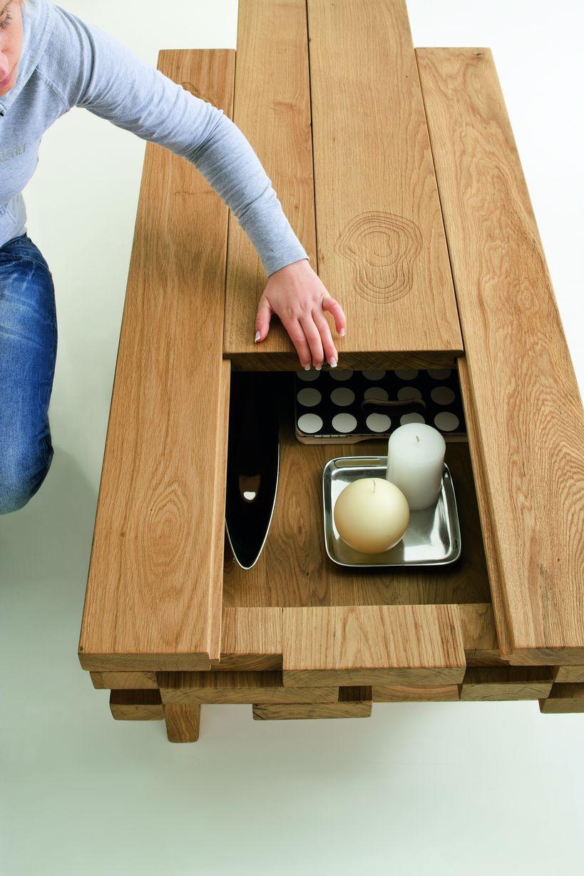 Organic Modern Designer Italian Solid Oak Coffee Table with Hidden Compartment and Laser Detail For Sale