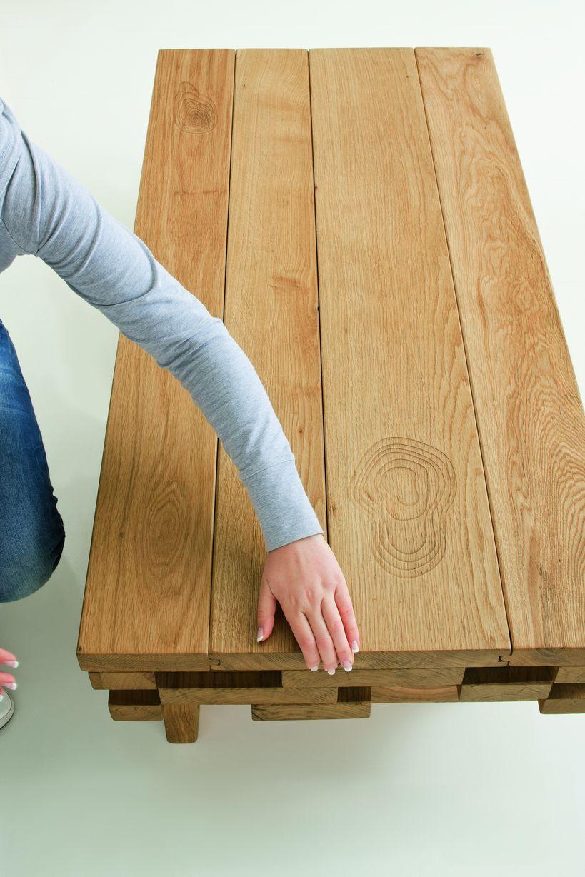 Woodwork Designer Italian Solid Oak Coffee Table with Hidden Compartment and Laser Detail For Sale