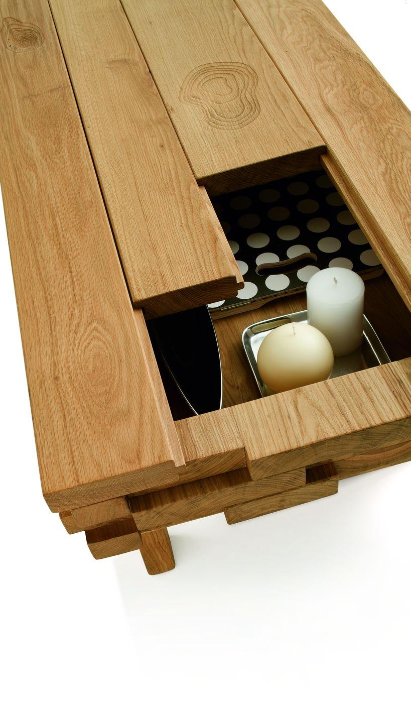 Contemporary Designer Italian Solid Oak Coffee Table with Hidden Compartment and Laser Detail For Sale
