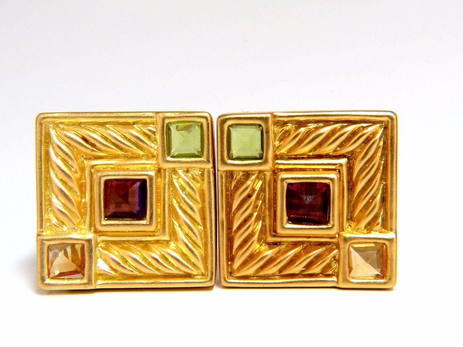 Designer: Ivan & Co.

4.00ct. Natural Peridot, Citrine & Tourmaline earrings

Clean Clarity, Vivid colors

Square Emerald cuts 

Earrings:

.94 X .94inch

31.5 grams.

18kt yellow gold 

Earrings are gorgeous made

$4500 Appraisal to accompany