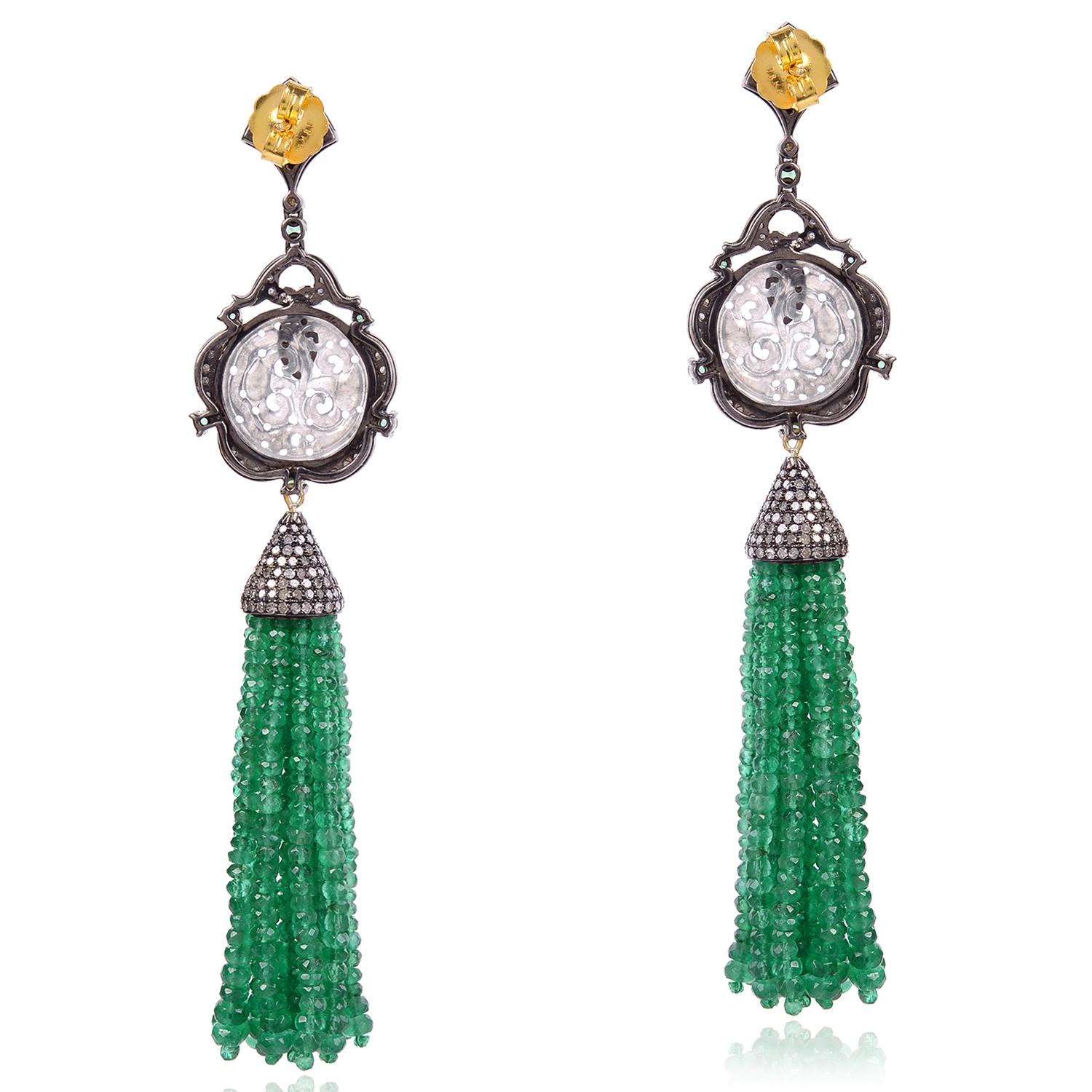 Designer hand Carved Grey Jade, Emerald and Diamond Tassel Dangling Earring in silver and gold is one of a kind.

 Closure: Push Post

18kt Gold: 2.34gms
Diamond:3.11cts
Silver:10.9gms
Emerald:92.60cts
Jade:9.40cts
