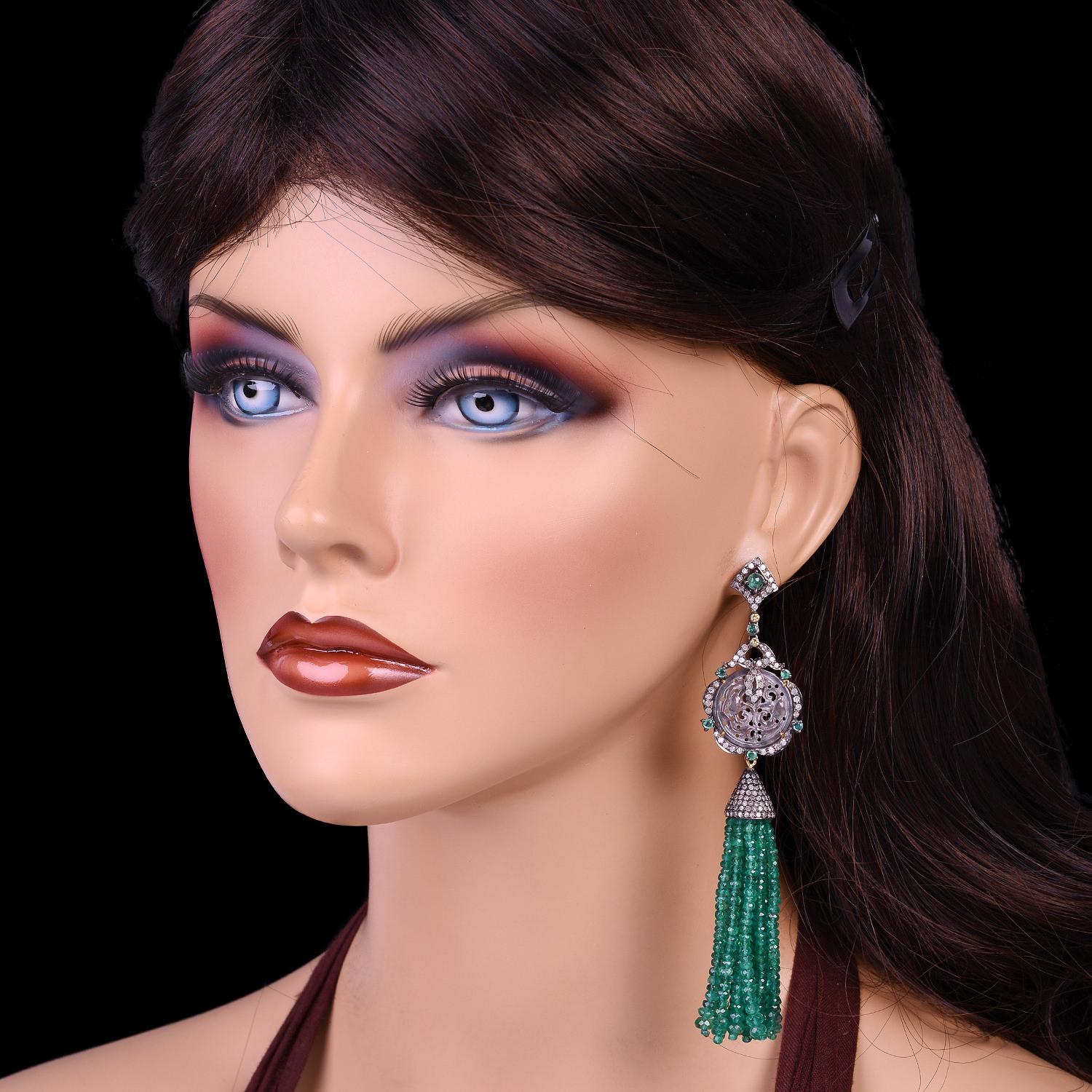Artisan Designer Jade, Emerald and Diamond Tassel Dangling Earring in Silver and Gold