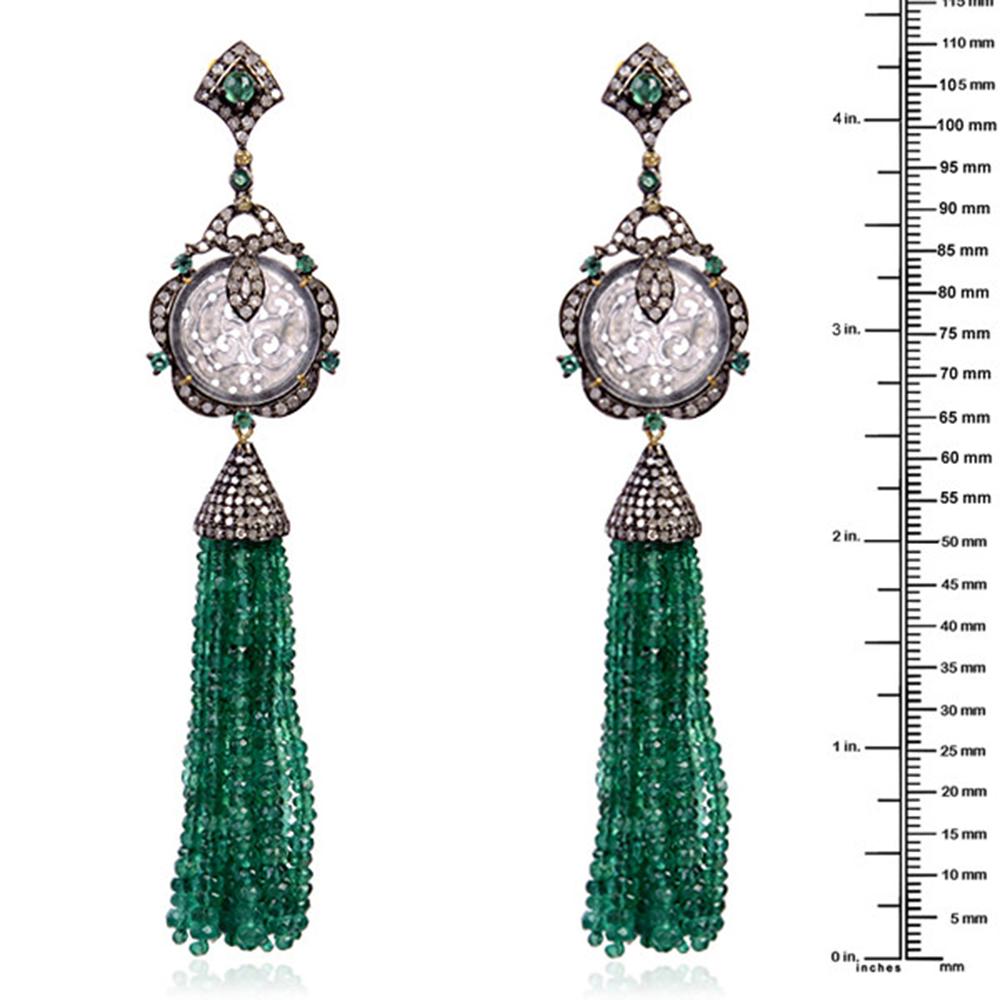 Round Cut Designer Jade, Emerald and Diamond Tassel Dangling Earring in Silver and Gold For Sale