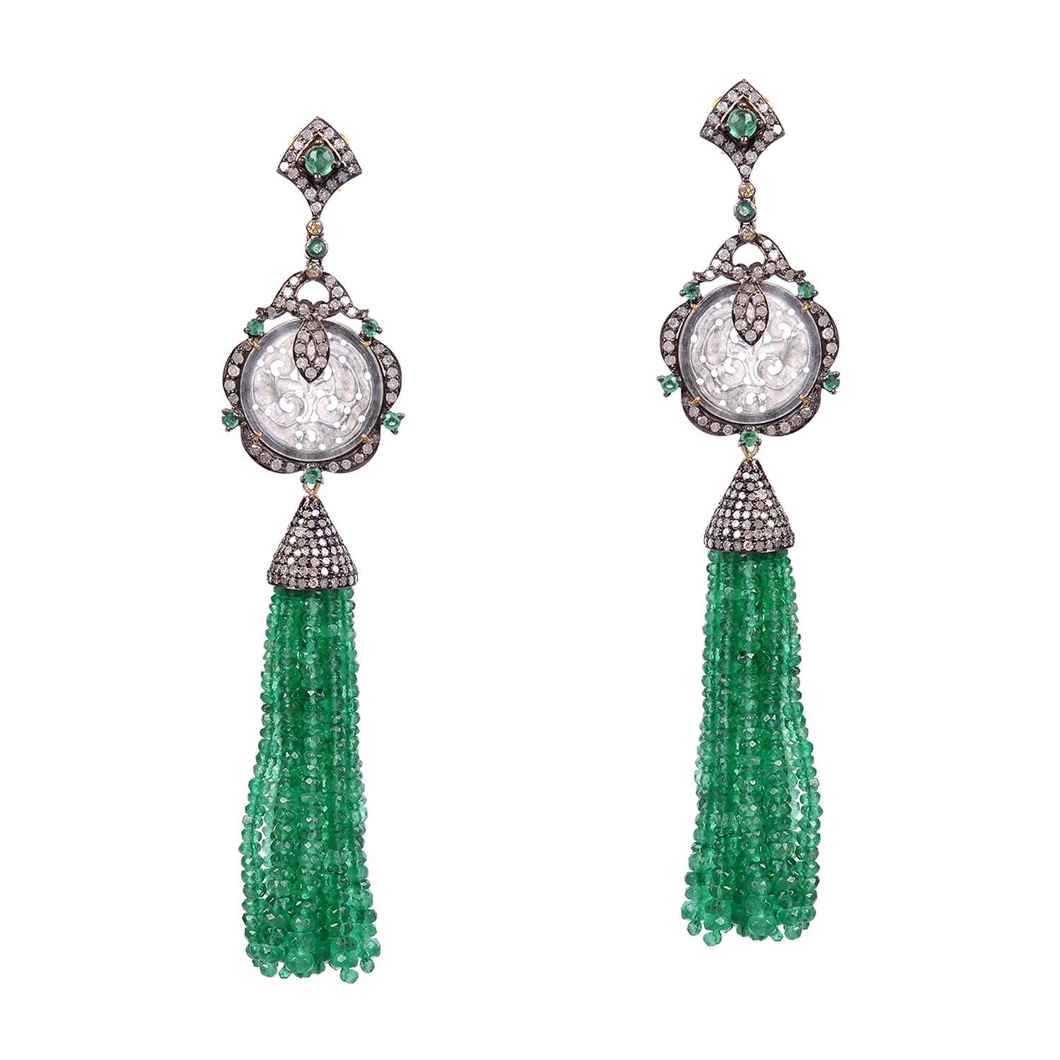 Designer Jade, Emerald and Diamond Tassel Dangling Earring in Silver and Gold