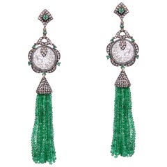 Designer Jade, Emerald and Diamond Tassel Dangling Earring in Silver and Gold