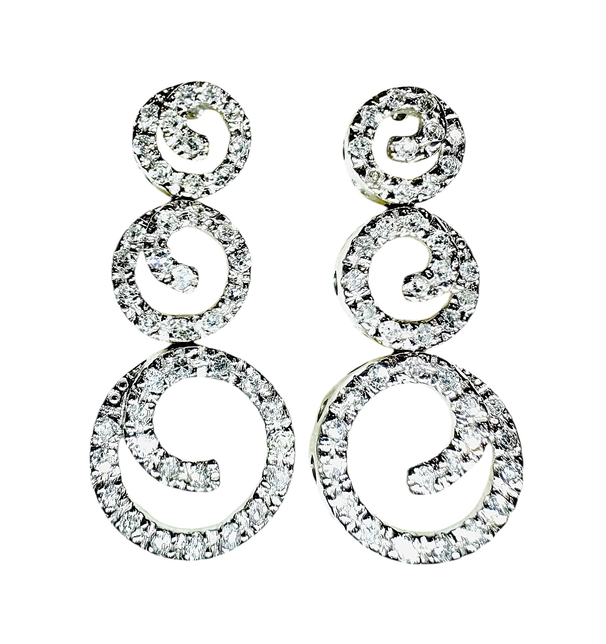 Designer JCR 14K White Gold Circular Diamond Post / Dangle Earrings - 4.70 Grams For Sale 4