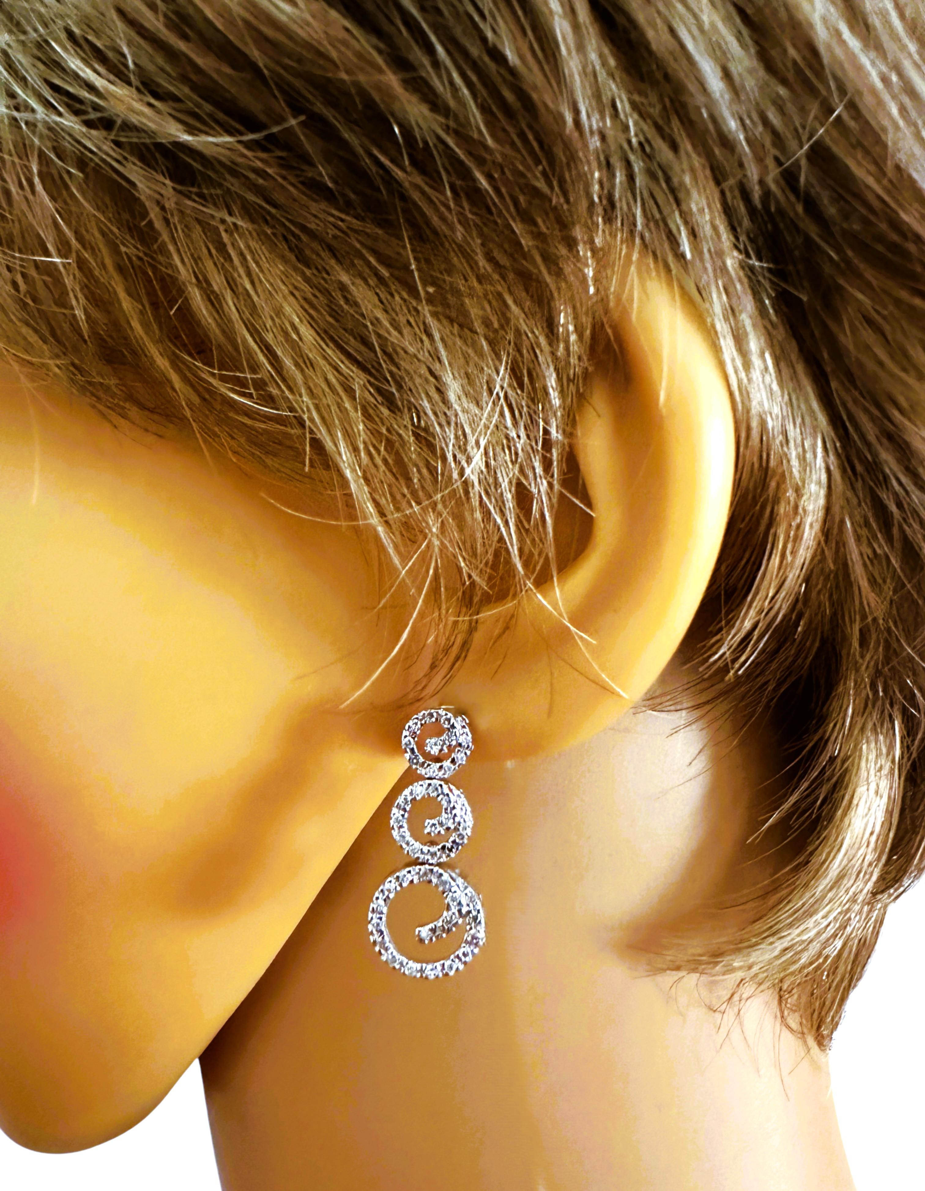 Art Deco Designer JCR 14K White Gold Circular Diamond Post / Dangle Earrings - 4.70 Grams For Sale
