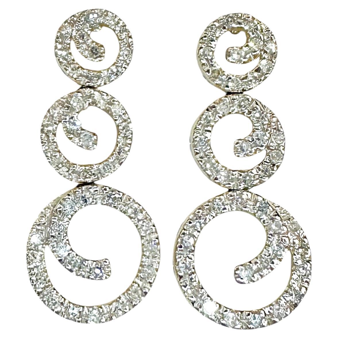 Designer JCR 14K White Gold Circular Diamond Post / Dangle Earrings - 4.70 Grams For Sale