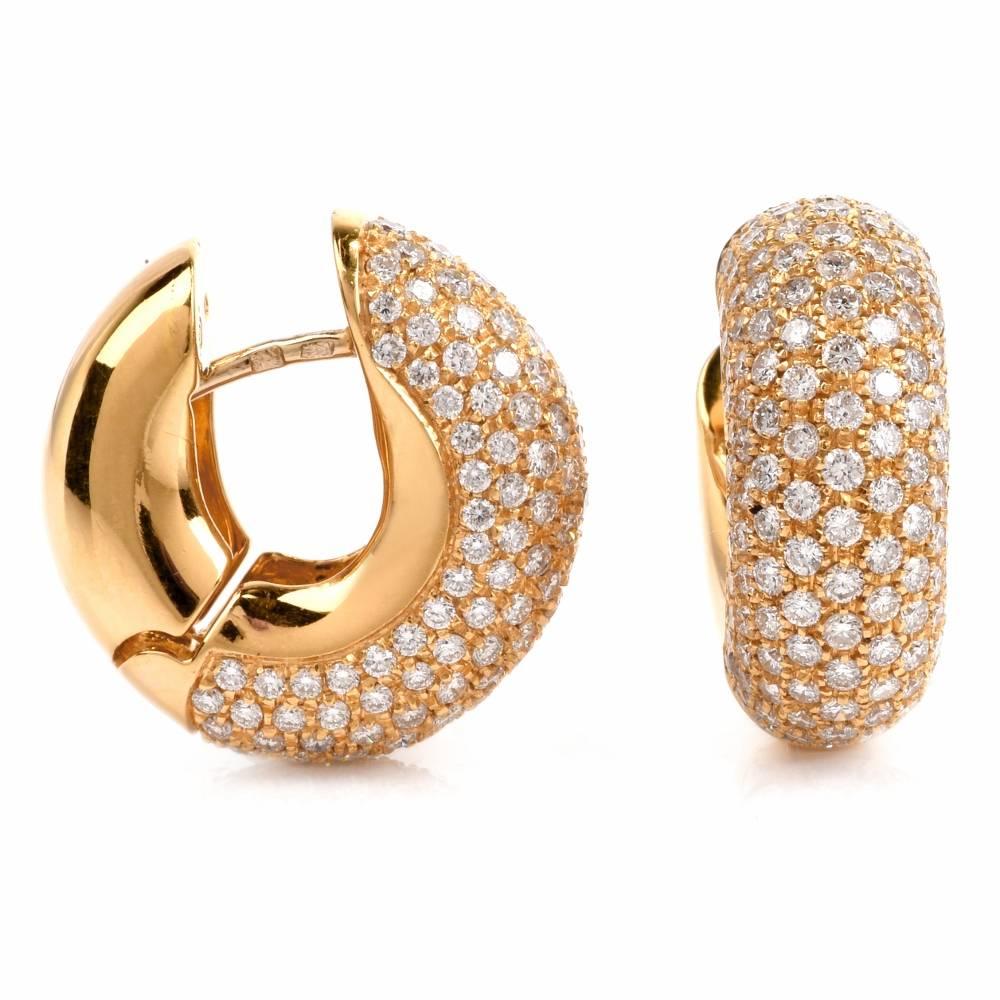 Modern Italian Pave Diamond Yellow Gold Huggie Earrings