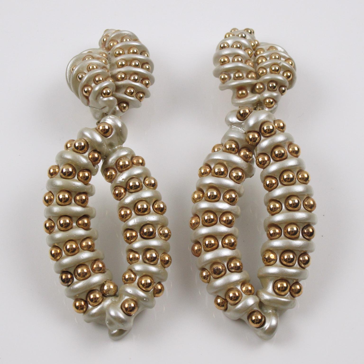 Modern Designer Jewellians Oversized Pearlized Resin Dangle Clip Earrings For Sale