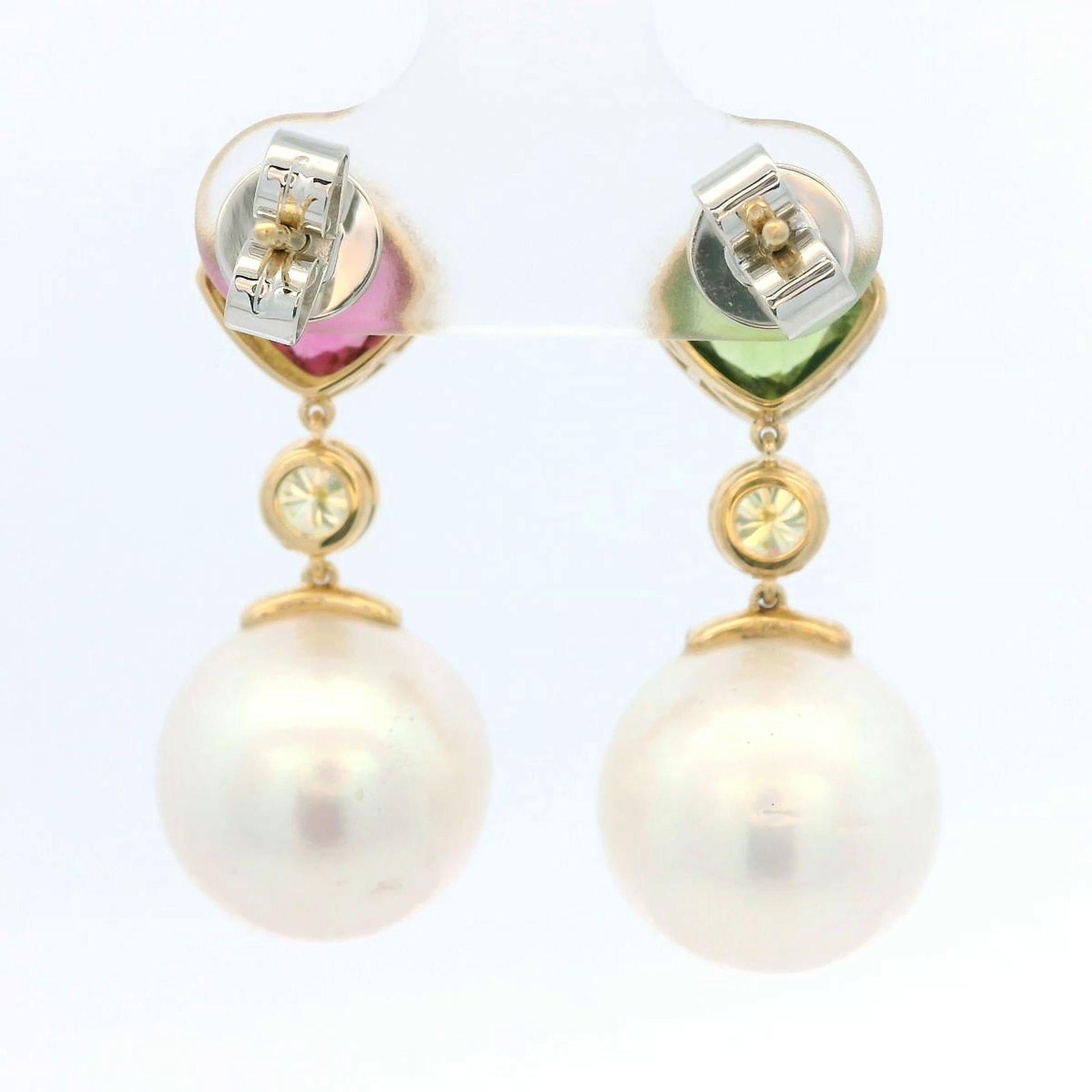 De las mujeres Pendientes vintage de perlas del mar del sur de 11-12 mm y turmalina con oro de 18k en venta