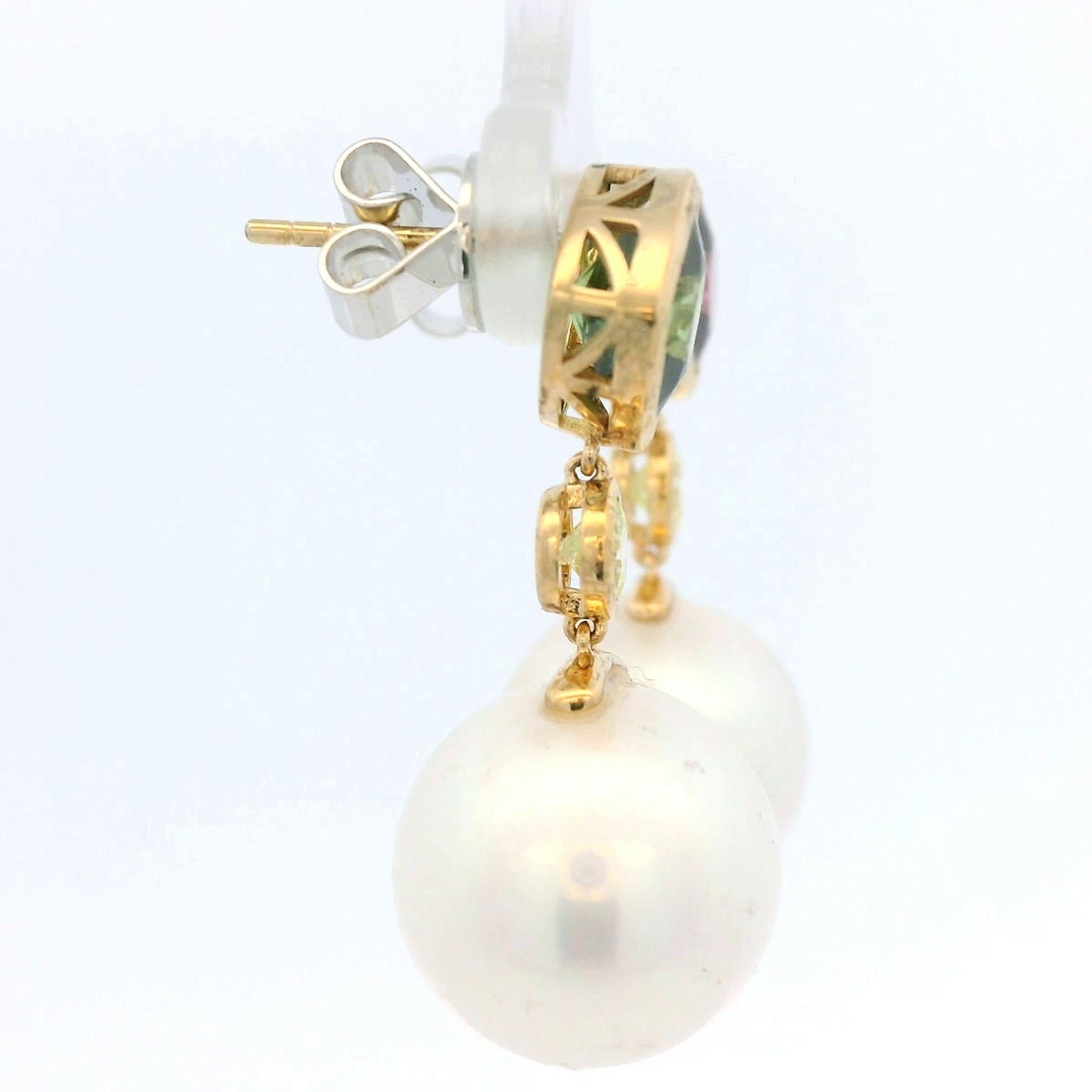 Pendientes vintage de perlas del mar del sur de 11-12 mm y turmalina con oro de 18k en venta 1