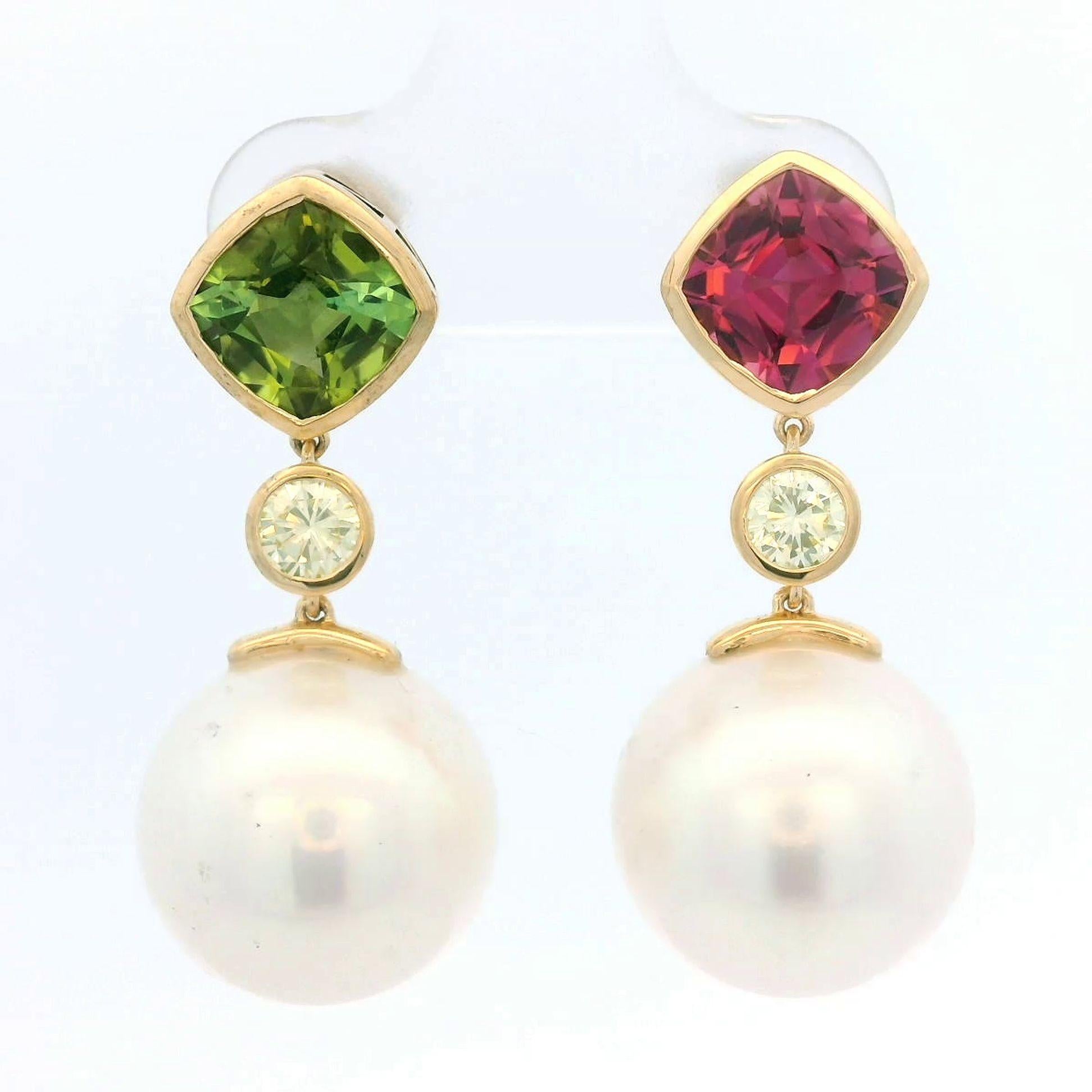 Pendientes vintage de perlas del mar del sur de 11-12 mm y turmalina con oro de 18k en venta 2