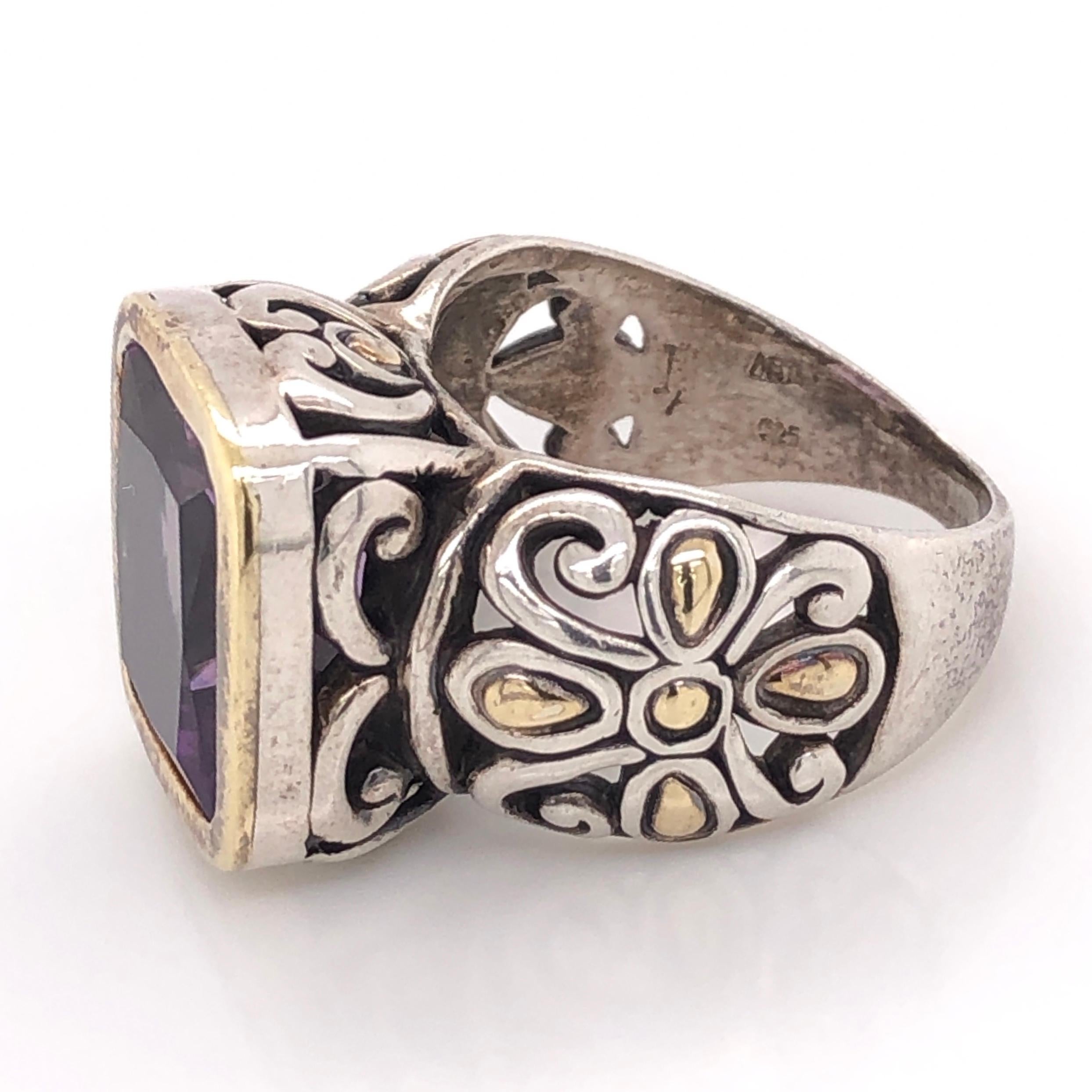 Square Cut Designer John Hardy Gold and Sterling Silver Amethyst Cocktail Ring Estate Find