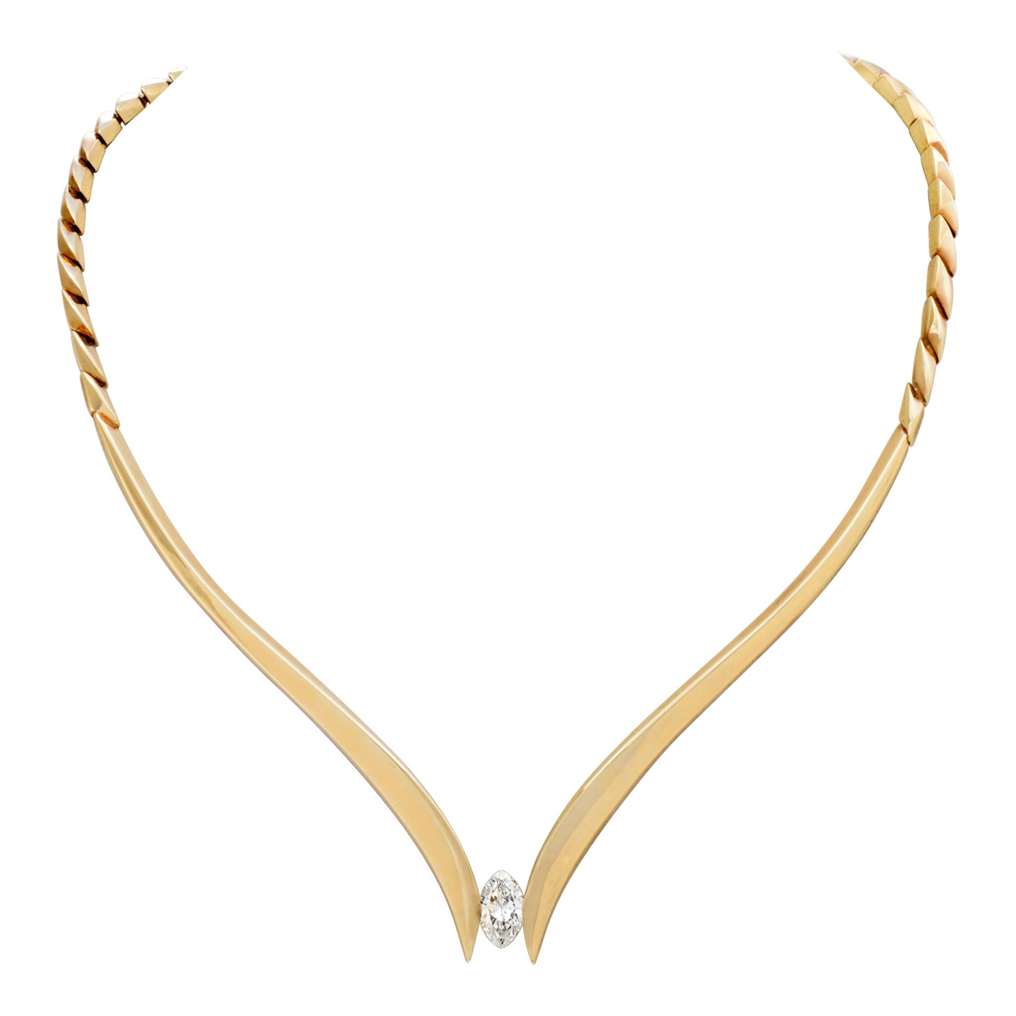 Designer Jose Hess, solitaire marquise diamond 14k yellow gold necklace