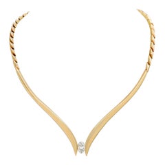 Designer Jose Hess, solitaire marquise diamond 14k yellow gold necklace