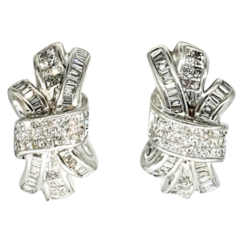 Designer Signed 6.00 Carat Diamonds Omega Back Clip Earrings 14k White Gold For Sale