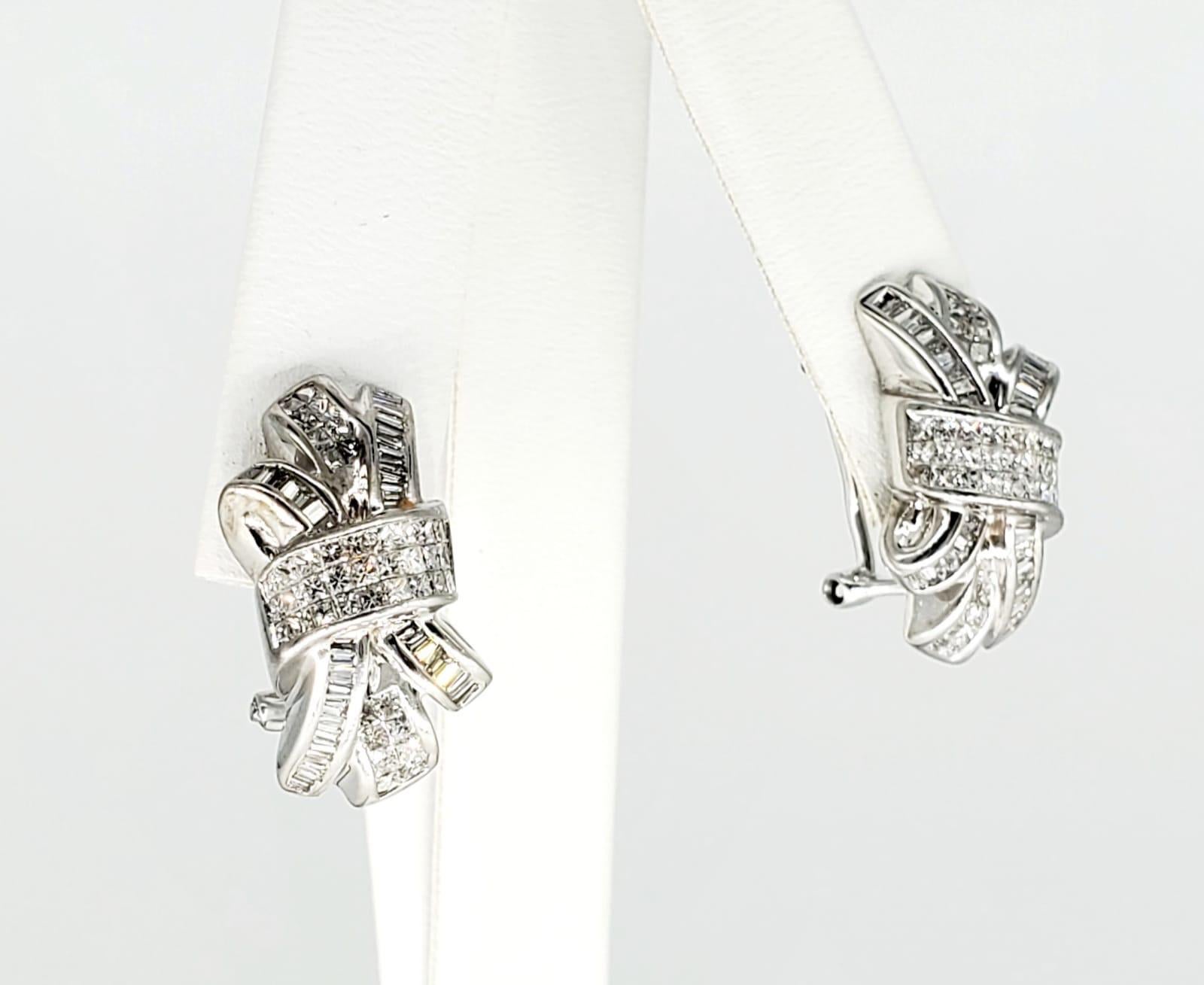 Princess Cut Designer Signed 6.00 Carat Diamonds Omega Back Clip Earrings 14k White Gold For Sale