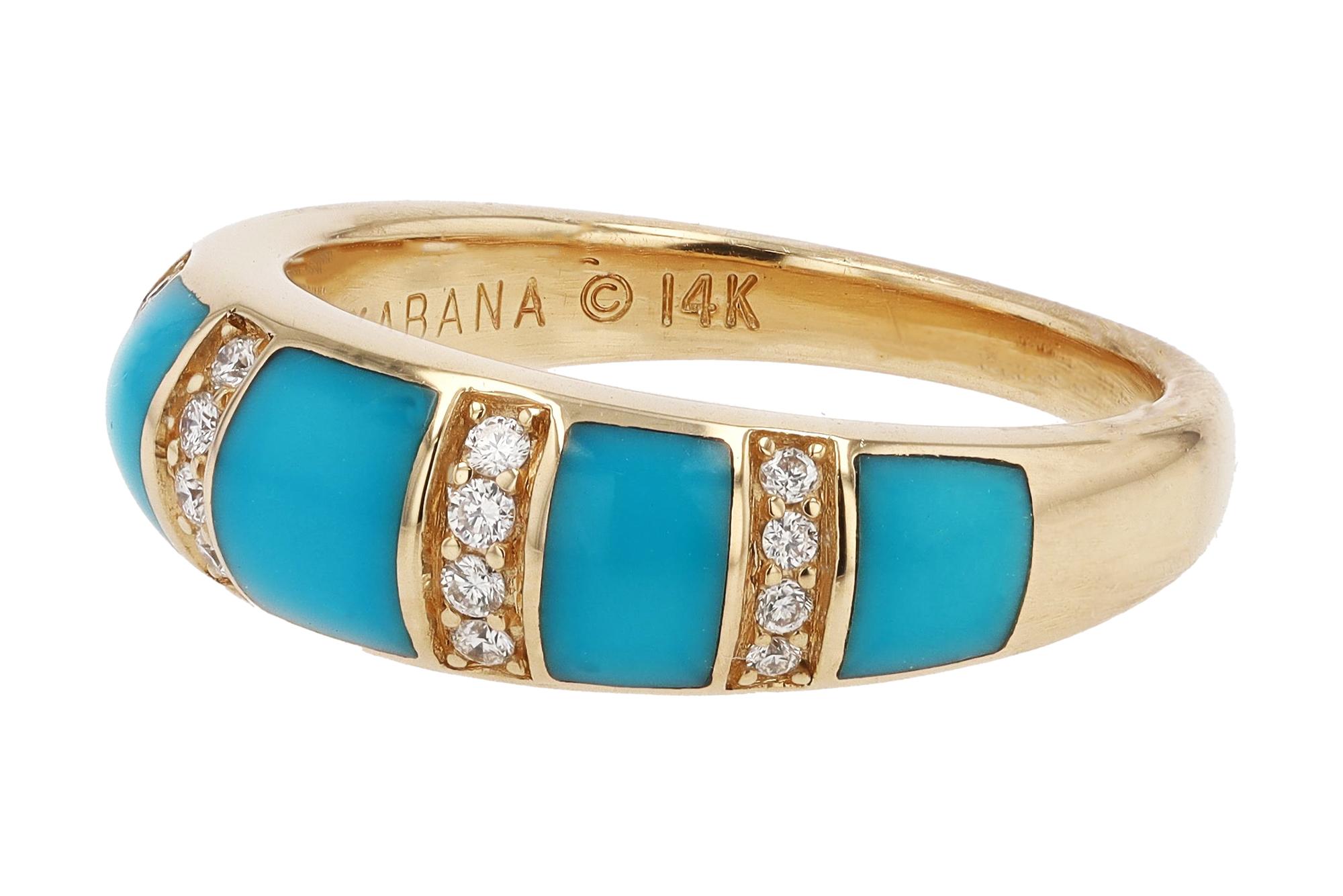 Artisan Designer Kabana Inlaid Turquoise and Diamond 14k Gold Band For Sale
