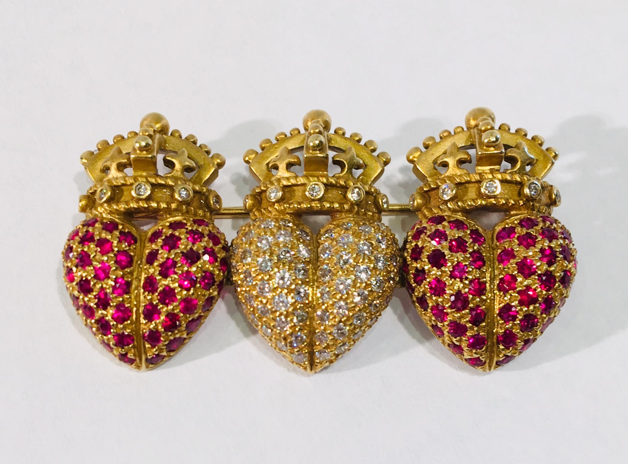 Contemporary Designer Kieselstein-Cord 1987 Royal Hearts 3 Ruby and Diamond Hearts Brooch Pin