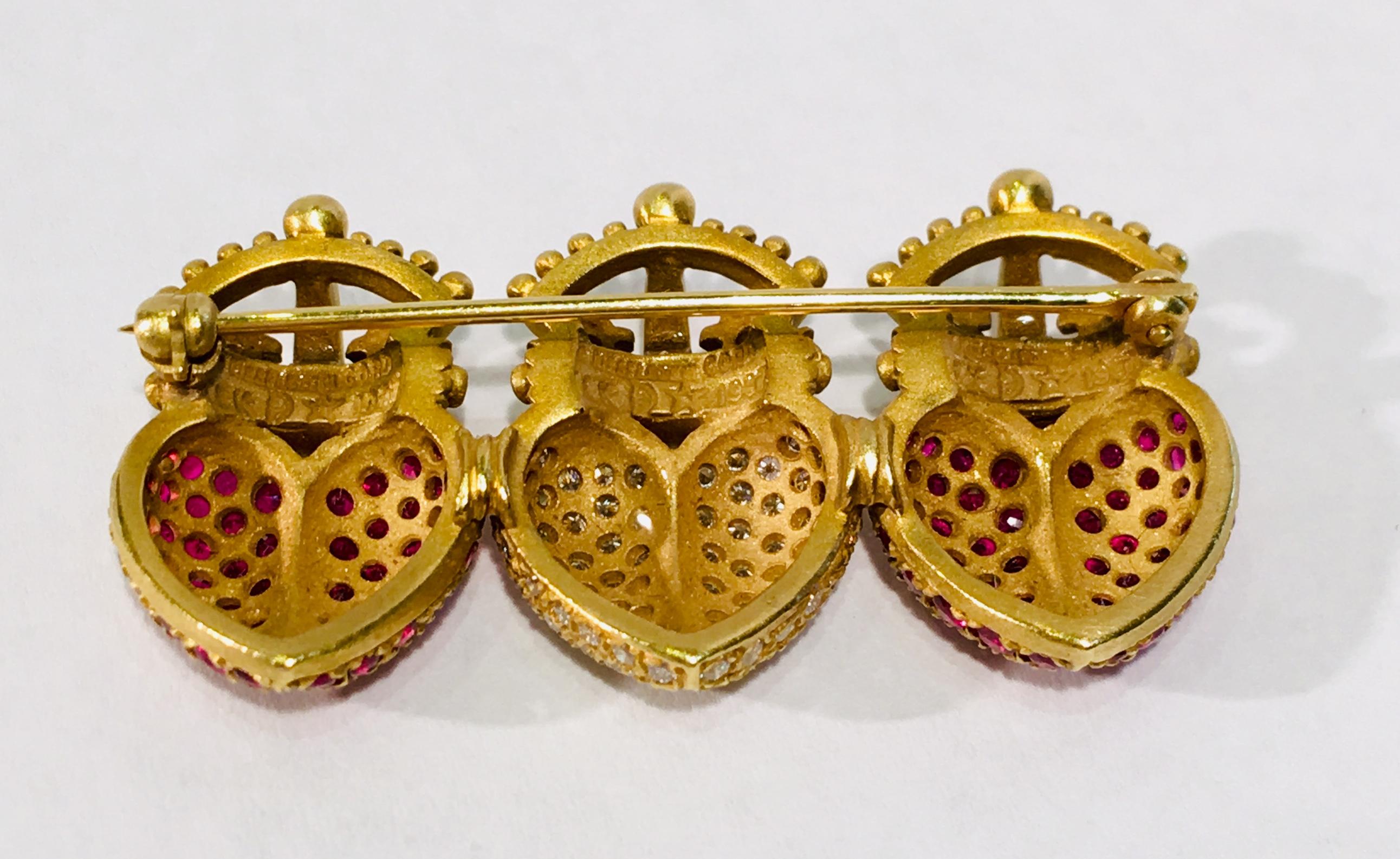 Designer Kieselstein-Cord 1987 Royal Hearts 3 Ruby and Diamond Hearts Brooch Pin In Excellent Condition In Tustin, CA