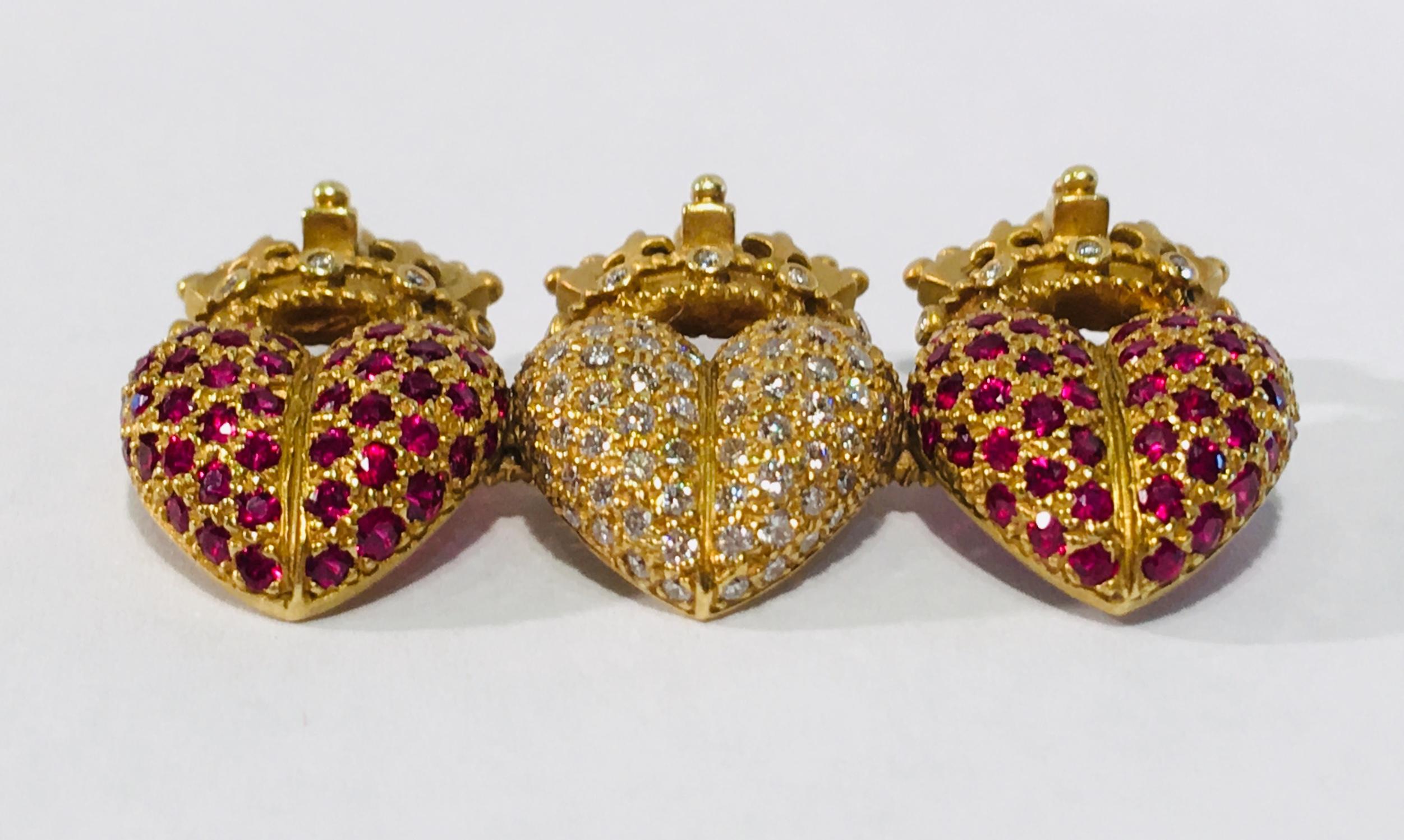 Women's or Men's Designer Kieselstein-Cord 1987 Royal Hearts 3 Ruby and Diamond Hearts Brooch Pin