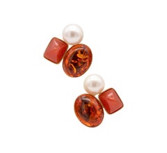 Designer KJ Modern Earrings In 18Kt Yellow Gold With Amber, Jasper And Pearls