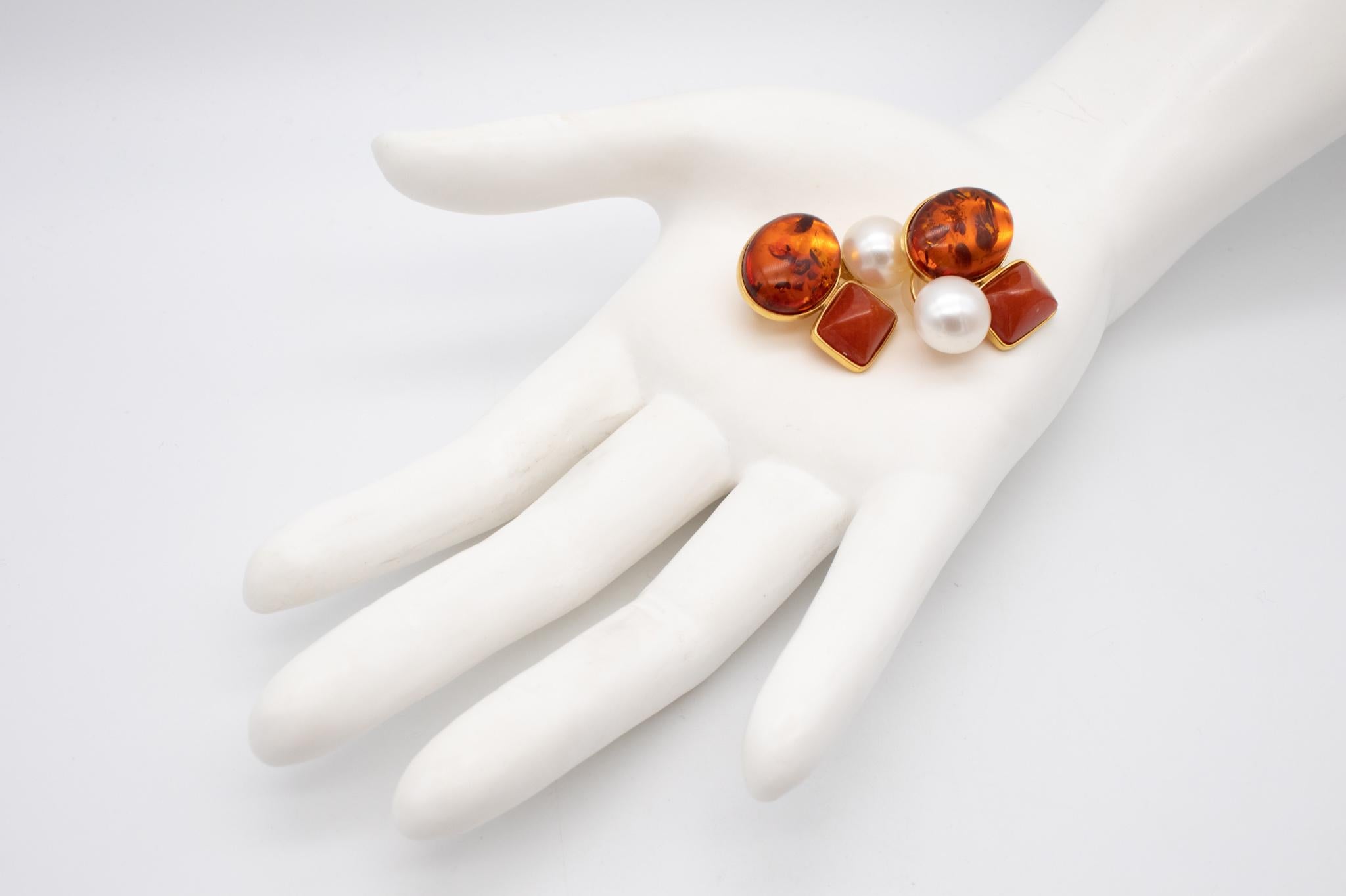 Cabochon Designer KJ Modern Earrings in 18Kt Yellow Gold with Amber, Jasper and Pearls