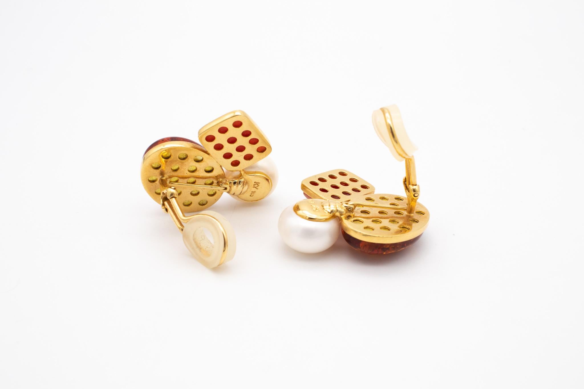 Designer KJ Moderne Designer-Ohrringe aus 18 Karat Gelbgold mit Bernstein, Jaspis und Perlen im Zustand „Hervorragend“ im Angebot in Miami, FL