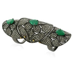Designer Knuckle Ring with Emerald Stones Surrounded by Pave Diamonds